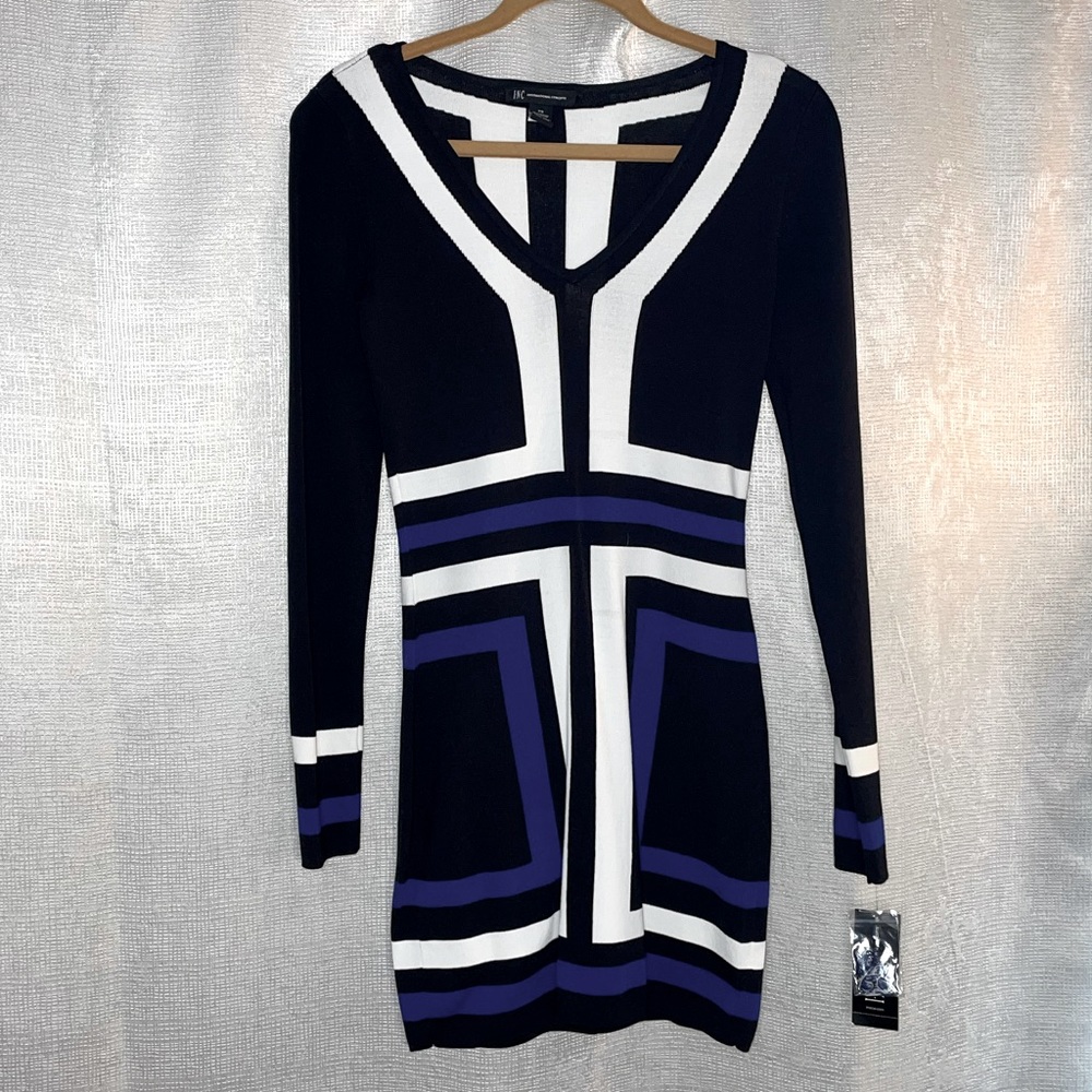 I-N-C- Long Sleeve BodyCon Dress-Black/wht/cobalt